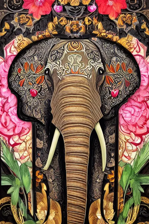 Image similar to Painted dark-wood panel relief carving of a close up of a Flowerpunk Matriarch Elephant, ornate border frame, explosion of colorful flowers, dark wood, intricately carved, black ink, festival of rich colors, intricate details, cinematic lighting, volumetric lighting, post-processing, art nouveau, by andreas rocha and john howe, and Martin Johnson Heade, featured on artstation, featured on behance, golden ratio, hyper detailed, photorealistic, epic composition, center spotlight, f32, well composed, symmetrical, UE5, 8k