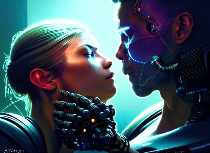 Prompt: cyberpunk, sci - fi, fantasy, hyper realistic ultra realistic medium shot of a couple of cyborgs kissing, lovers, artstation, soft light, volumetric lighting, night, intricate, highly detailed, digital painting, concept art, smooth, sharp focus, illustration, art by artgerm and greg rutkowski and alphonse mucha