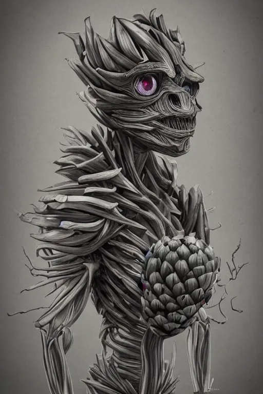 Image similar to humanoid figure with an artichoke head, highly detailed, digital art, sharp focus, trending on art station, monster, glowing eyes, anime art style