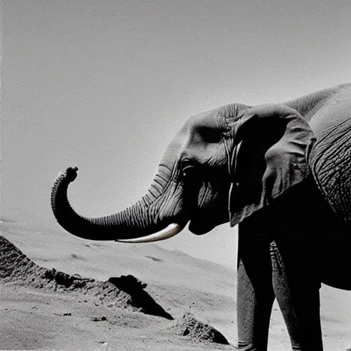 Image similar to extremely detailed black and white polaroid picture by john l. gaunt of a baby elephant standing on the moon's surface. the sky is ominous and filled with crashing meteorites. very grainy picture. dramatic lighting.