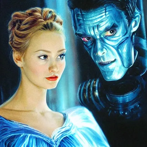 Image similar to realistic portrait charming beautiful painting from Cinderella film scene, when Cinderella become Terminator T1000. Horror, created by Raffaello Sanzi.