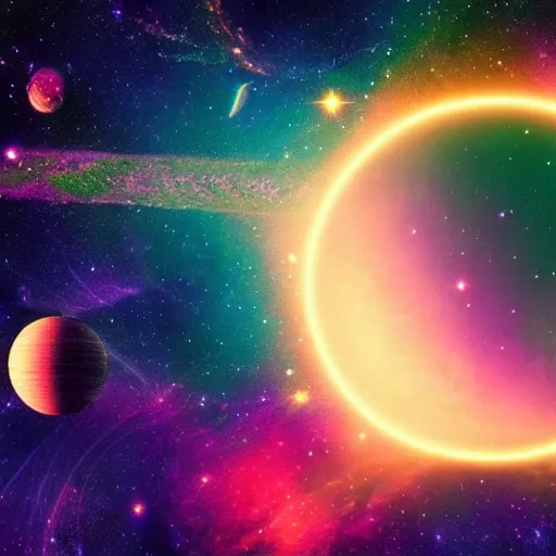 Image similar to space nebulas and planets, psychedelic, vaporwave