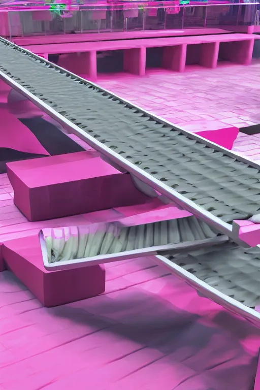 Image similar to conveyor belt transporting pink diapers, fantasy, magic, 4 k, ultra realistic, photorealism, detailed