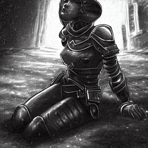 Prompt: A female paladin lying on the ground in a dark alley. Digital Art, Dramatic, Rain