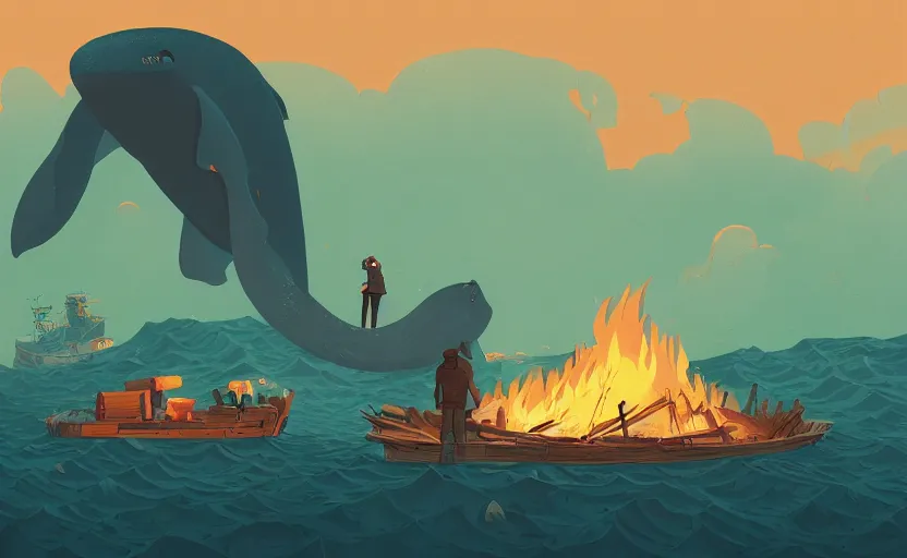 Prompt: a man next to a bonfire on back of giant whale at the sea, artstation, intricate, highly detailed, digital painting, concept art, sharp focus, illustration by Tom Whalen and Simon Stalenhag