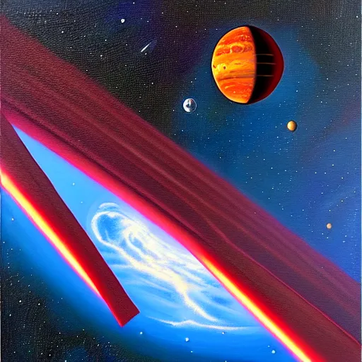 Image similar to a space station orbiting a red planet, acrylic painting by chris moore.