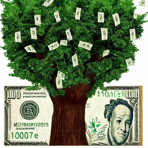 Prompt: A tree with money bills instead of leafs. hyperrealistic