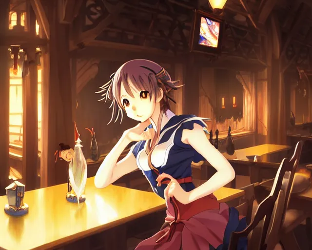 Image similar to anime visual, portrait of a young female in a busy fantasy medieval tavern interior at night, cute face by yoh yoshinari, murata range, last exile, blue submarine no 6, dynamic pose, dynamic perspective, detailed silhouette, rich texture, seven deadly sins anime, anime cels, matte color, flat lighting, rounded eyes