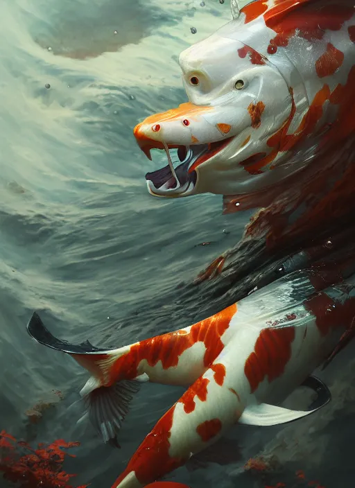 Image similar to subsurface scattering, white, koi, samurai, by jesper ejsing, justin gerard, tomasz alen kopera, cgsociety and fenghua zhong, highly detailed, rim light, cinematic lighting, illustration, art, octane render, very coherent, cinematic, hyper realism, high detail, octane render, 8 k