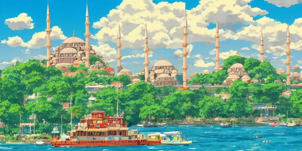 Image similar to istanbul, studio ghibli, azure sky, puffy clouds, anime background