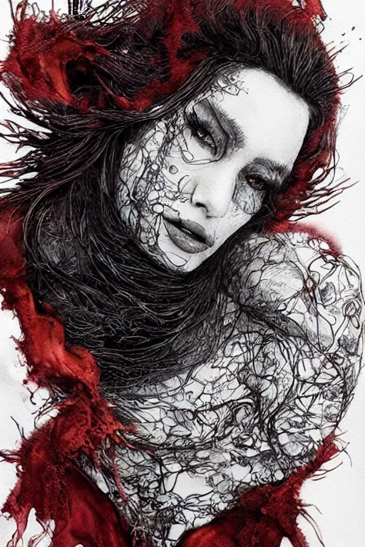 Prompt: portrait of a beautiful woman transforming into a terrible werewolf, torn red clothes, pen and ink, intricate line drawings, by Yoshitaka Amano, Ruan Jia, Kentaro Miura, Artgerm, watercolor