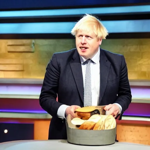 Prompt: Boris Johnson pitching the idea of bread on shark tank