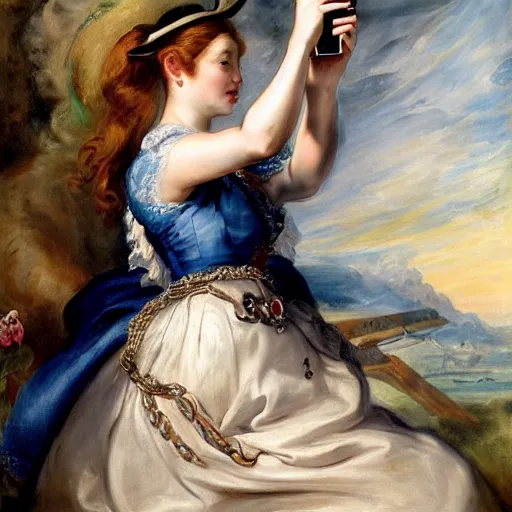 Prompt: heavenly summer sharp land sphere scallop well dressed lady taking a selfie with her iphone auslese, by peter paul rubens and eugene delacroix and karol bak, hyperrealism, digital illustration, fauvist, iphone