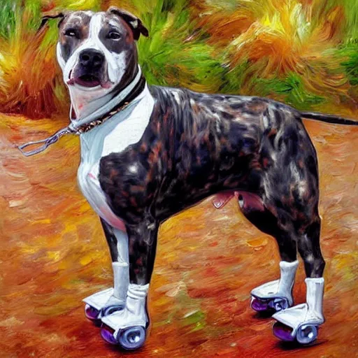 Prompt: pitbull with brindle coat and white paws and white chest. wearing rollerblades painting. oil painting. impressionist. impressionism. fun. energetic. colorful.