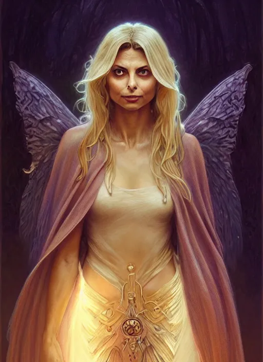 Prompt: Portrait of a beautiful Morena Baccarin, blonde shaggy hair, cloak, ethereal wings, fantasy, extremely detailed, digital painting, artstation, concept art, smooth, sharp focus, illustration, stunning lighting, art by artgerm and greg rutkowski and alphonse mucha and simon stalenhag, realistic character concept, high fantasy, light atmosphere, golden ratio, cinematic lighting, hyperdetailed, high resolution, insanely detailed and intricate, artstation, Marc Simonetti, Greg Rutkowski, 8k