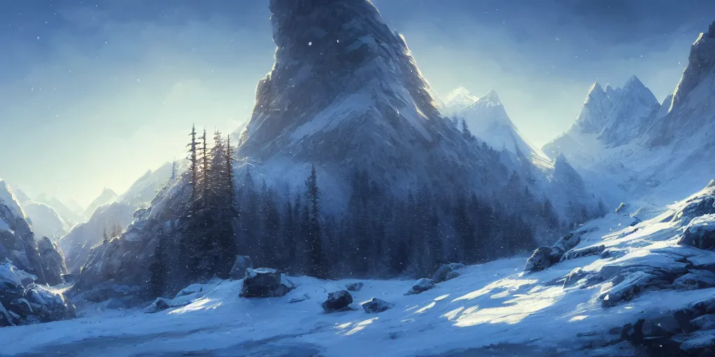 Image similar to snowy mountainous landscape, cinematic view, blue sky, detailed, concept art, low angle, high detail, realistic, warm lighting, volumetric, godrays, vivid, artstation, digital painting by jordan grimmer and greg rutkowski