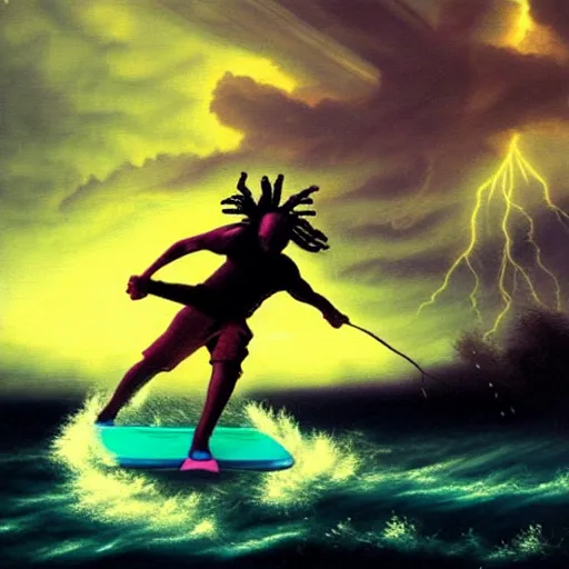 Prompt: a black boy with dreadlocks wakeboarding in a violent thunderstorm at night, dramatic lighting , synthwave colorscheme, by h.r. giger and thomas kinkade oil on canvas, 8k