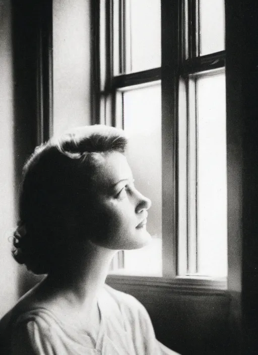 Image similar to a woman looking out a window in the afternoon, flash polaroid photo by george hurrell, hazy light rays, golden hour