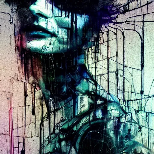 Image similar to i live in cyber dreams, glitchcore wires, machines, by jeremy mann, francis bacon and agnes cecile, and dave mckean ink drips, paint smears, digital glitches glitchart