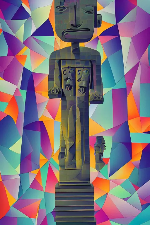 Image similar to cubist moai statue cutout digital illustration cartoon colorful beeple