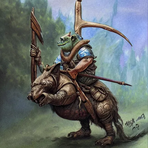 Image similar to painting of corpulent goblin riding in a slapdash wooden cart holding a lance, fantasy art, magic : the gathering art, by diterlizzi