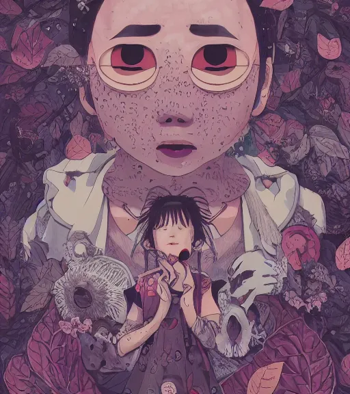 Image similar to portrait, nightmare anomalies, leaves with spirited away by miyazaki, violet and pink and white palette, illustration, kenneth blom, mental alchemy, james jean, pablo amaringo, naudline pierre, contemporary art, hyper detailed