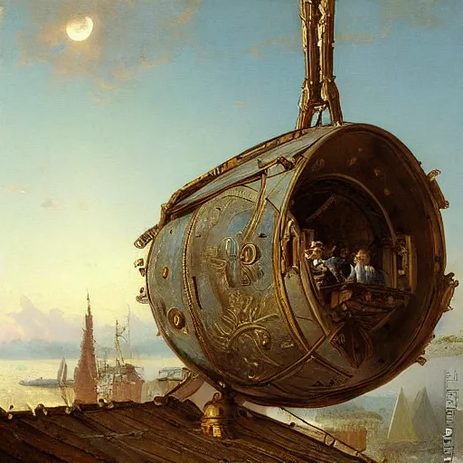 Image similar to detailed painting of a living capsule architecture with satellite, filigree ornaments, andreas achenbach