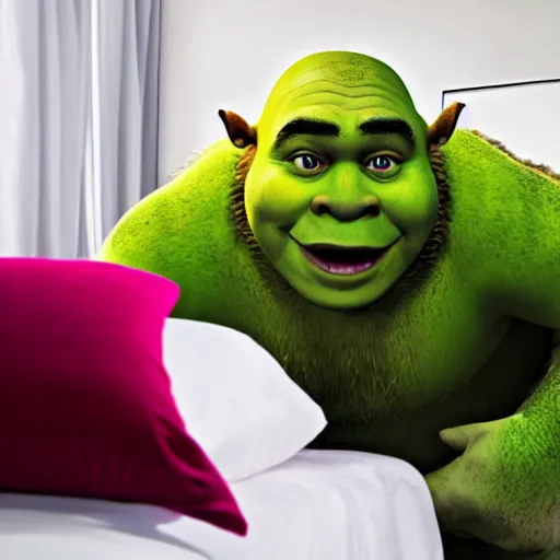 Prompt: shrek creeping into my room, pov from bed