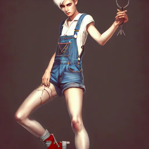 Image similar to full body pose, beautiful androgynous girl, white pixie cut hair, torn overalls, short shorts, combat boots, fishnets, beautiful, highly detailed face, true anatomy!, extremely detailed!, digital painting, unreal engine 5, art by tom bagshaw