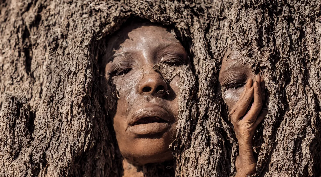 Prompt: close-up of a crying ancient dried up Oshun, peaceful, facing the camera and standing in front of a dried up river in a desolate land, dead trees, blue sky, hot and sunny, highly-detailed, elegant, dramatic lighting, artstation, 4k, cinematic landscape, photograph by Elisabeth Gadd