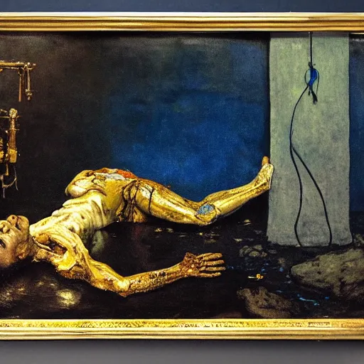 Prompt: realistic Courbet painting of a sci-fi laboratory with dressed ragged zombie with body made guts and veins dripping golden shiny metalic cascade fluid from ribcage to the floor. liquid shiny pool of gold on the floor. blue light. night.