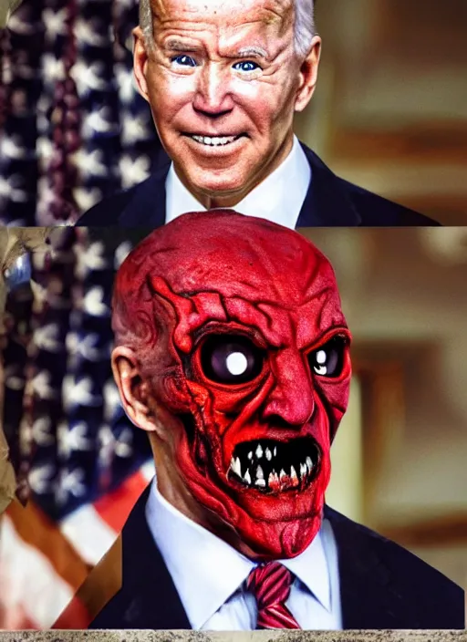 Image similar to hyper realistic ultra realistic terror photo Doom horror furious glowing red eyes biden