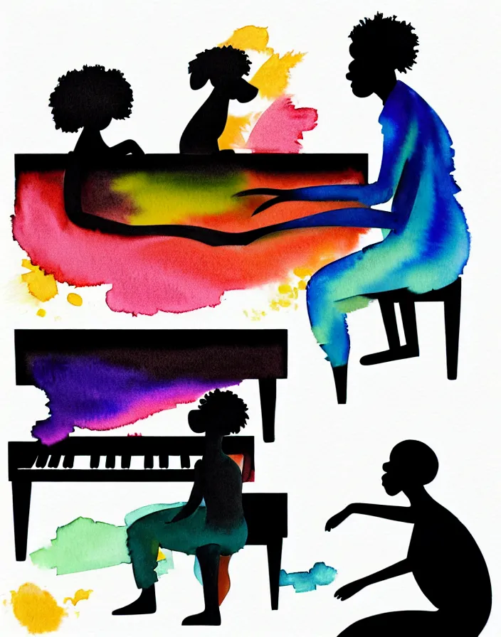 Prompt: a white person and a black person near the piano keyboard with two dogs water colors