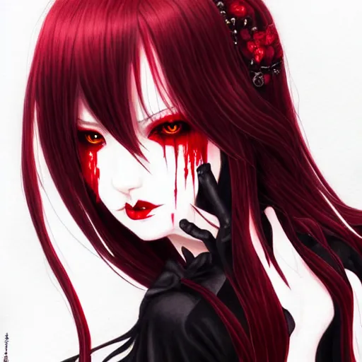Image similar to beautiful seductive female vampire, draining blood from wrist, highly detailed, painting, dark red and black color palette, intricate, high quality, anime artstyle, in the style of sana takeda
