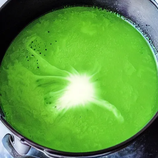 Image similar to brewing violent bubbling green fluid soup, green steam rising from soup