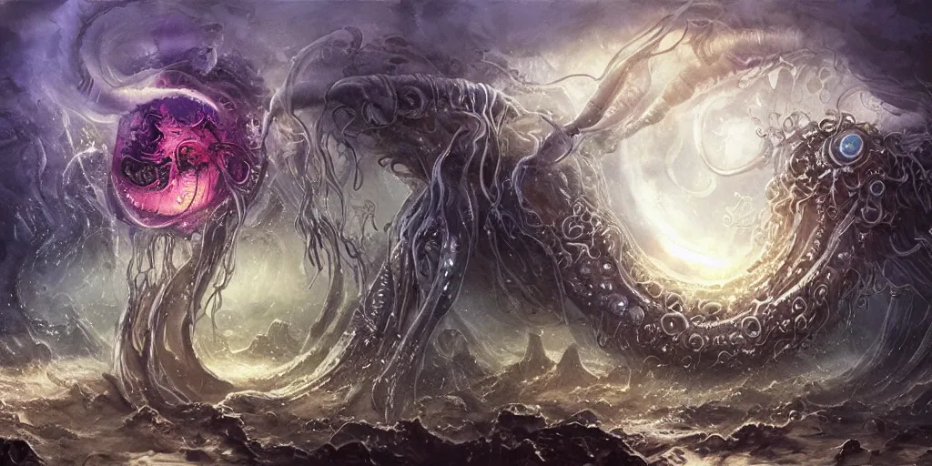 Image similar to concept art of giant translucent glowing jellyfishes, lovecraftian, lots of teeth, melting horror, round moon, rich clouds, fighting the horrors of the unknown, high resolution, very detailed, roaring, volumetric light, mist, grim, fine art, decaying, textured oil over canvas, epic fantasy art, very colorful, ornate, anato finnstark