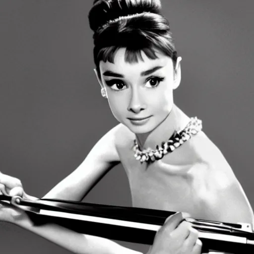 Prompt: Audrey Hepburn playing Wii Sports, black and white photo, hyperreal, iconic beautiful photo, cinematic lighting