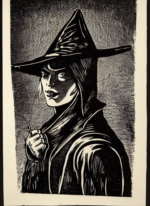 Image similar to perfectly centred realistic portrait of a character dressed in leather tight suit and witch hat, dark, chiaroscuro woodcut