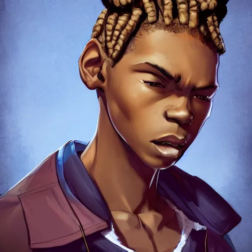 Image similar to Portrait of Riley freeman the boy with cornrows from the boondocks , Graceful body structure,cute,Symmetrical face,highly detailed,elegant,Marc Simonetti and Caspar David Friedrich, Trending on artstation