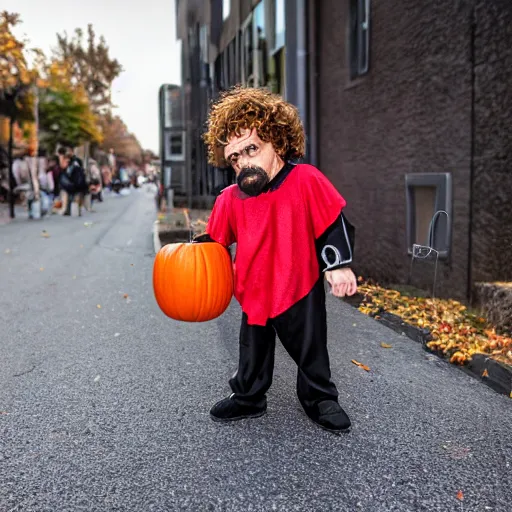 Image similar to peter dinklage trick or treating on halloween, ( sony a 7 r iv, symmetric balance, polarizing filter, photolab, lightroom, 4 k, dolby vision, photography awardm, voque, perfect face )