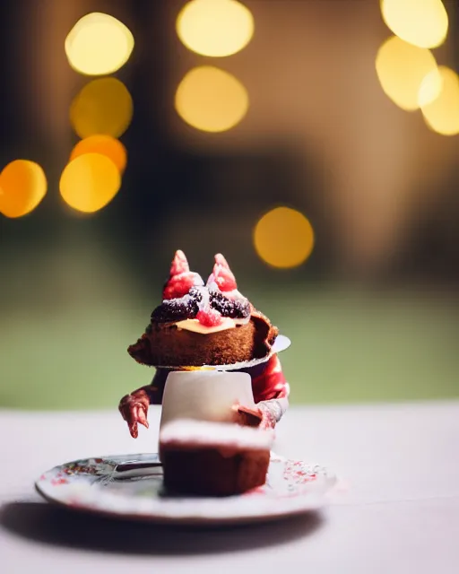 Image similar to high quality presentation photo of a cute gremlin eating a cake, photography 4k, f1.8 anamorphic, bokeh, 4k, Canon, Nikon