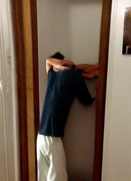 Prompt: man stuck inside a closet, desperate, bad quality, shaky camera, funny