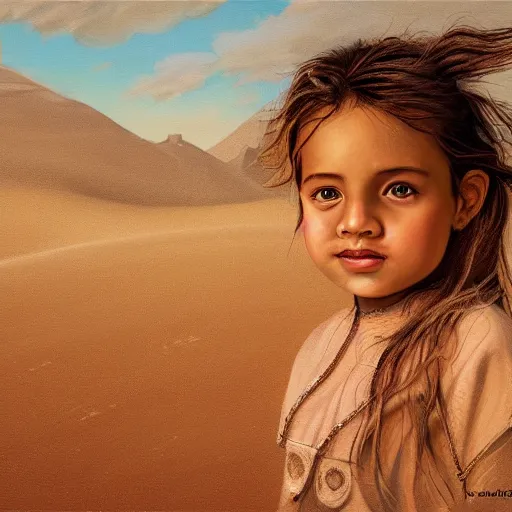 Prompt: a detailed portrait of a little girl in the desert, art illustration, incredibly highly detailed and realistic, 8 k, sharp focus