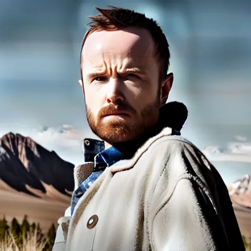 Image similar to Live Action Still of Aaron Paul dressed as Walter White, real life, hyperrealistic, ultra realistic, realistic, highly detailed, epic, HD quality, 8k resolution, body and headshot, film still