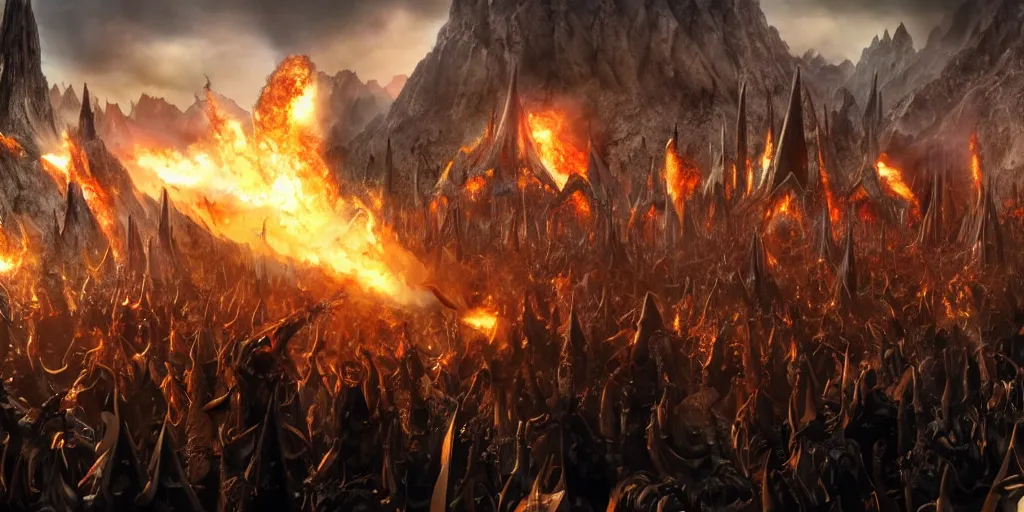 Prompt: Sauron playing rock guitar to a crowd of orcs in Mordor, epic, realistic, 8k resolution, detailed