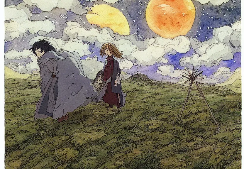 Prompt: a simple watercolor studio ghibli movie still fantasy concept art of a giant shaman from howl's moving castle ( 2 0 0 4 ) on the moors of ireland. it is a misty starry night. by rebecca guay, michael kaluta, charles vess
