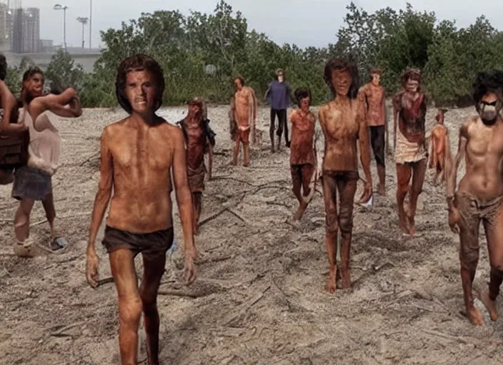 Prompt: realistic photo of survivor humans after global warming