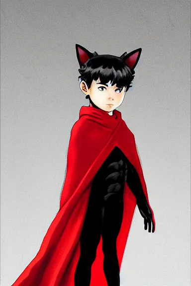 Prompt: little boy with cat ears in an black outfit with red cape. digital artwork made by lois van baarle and kentaro miura and marc simonetti, sharpness focus, inspired by hirohiko araki, anatomically correct, heroic composition, hero pose, smooth. red and black