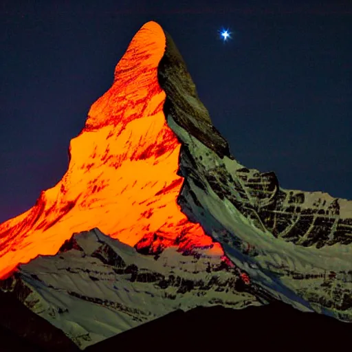 Image similar to a photo at nighttime of llumination of the matterhorn in the colors of indian flag, projected illuminated on the matterhorn mountain at night