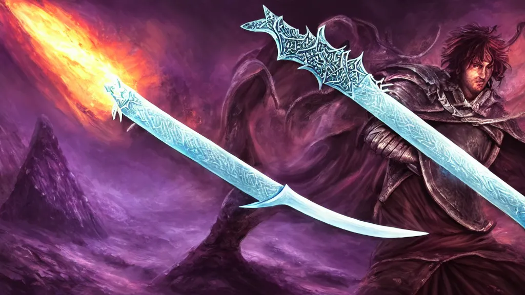 Image similar to 3 feet long broad sword, frostmourne, purple glowing inscription, 8 k, 4 k, concept art, digital painting, game concept art, lord of the rings, fantasy setting